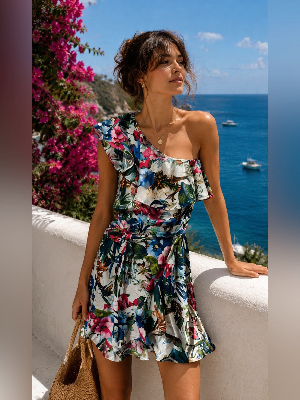 Boston Proper One Shoulder Tropical Floral Ruffle Dress Size 10 Vacation Resort